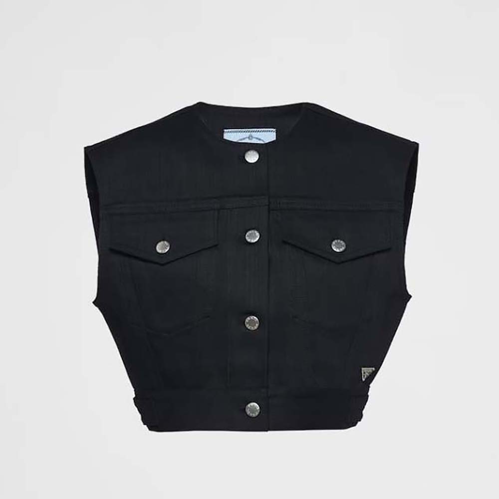 Front view of Prada Women Stretch Denim Vest with Triangle Logo