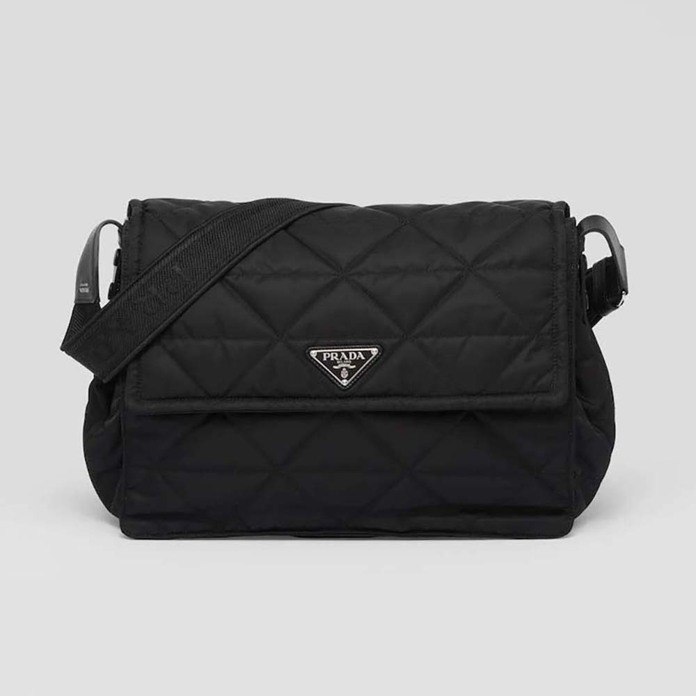 Front view of Prada Women Topstitched Re-Nylon Shoulder Bag-Black