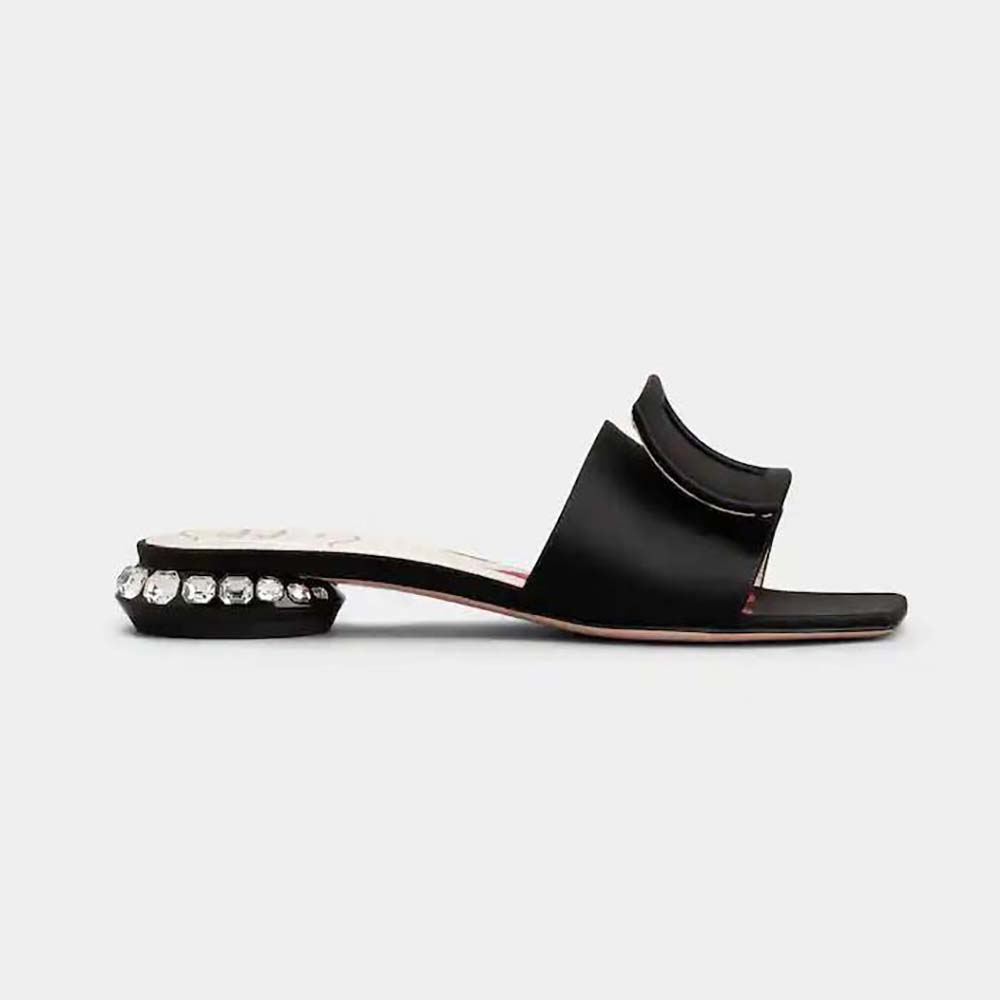 Side angle of Roger Vivier Women Strass Heel Covered Buckle Mules in Satin-Black