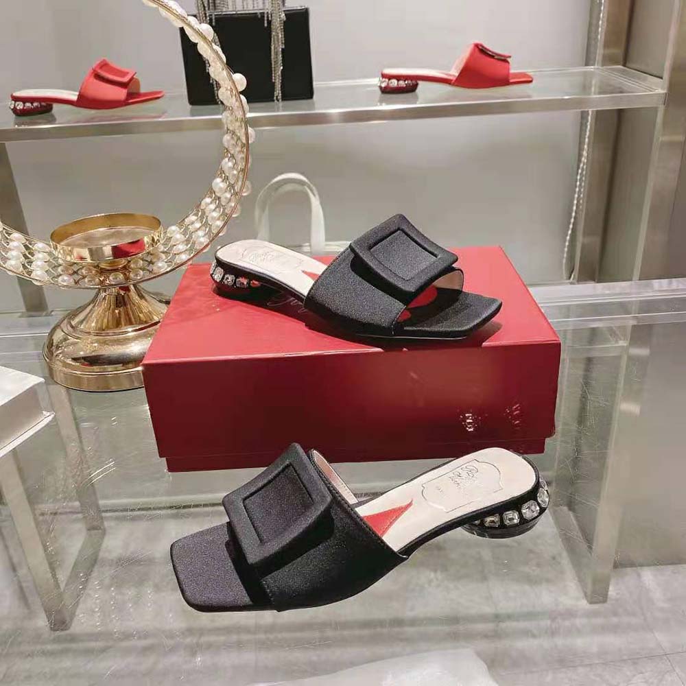 Roger Vivier Women Strass Heel Covered Buckle Mules in Satin-Black - image 5
