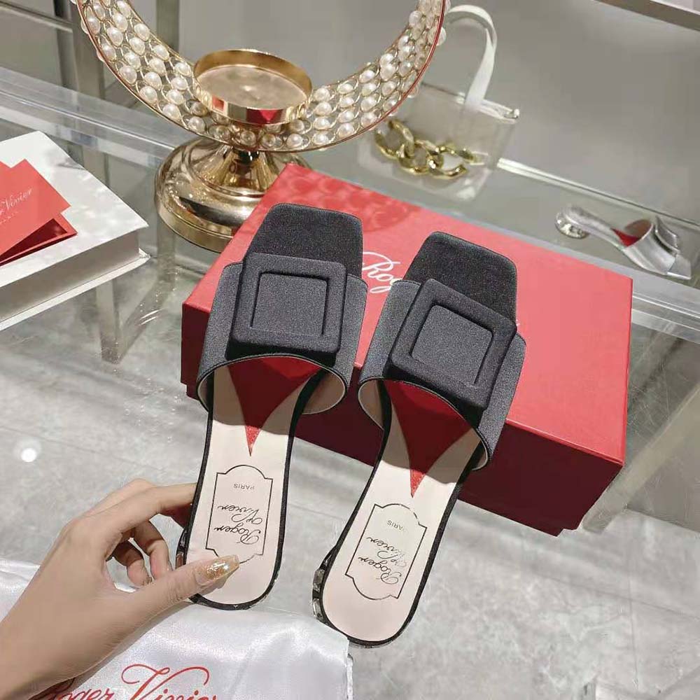 Roger Vivier Women Strass Heel Covered Buckle Mules in Satin-Black - image 4