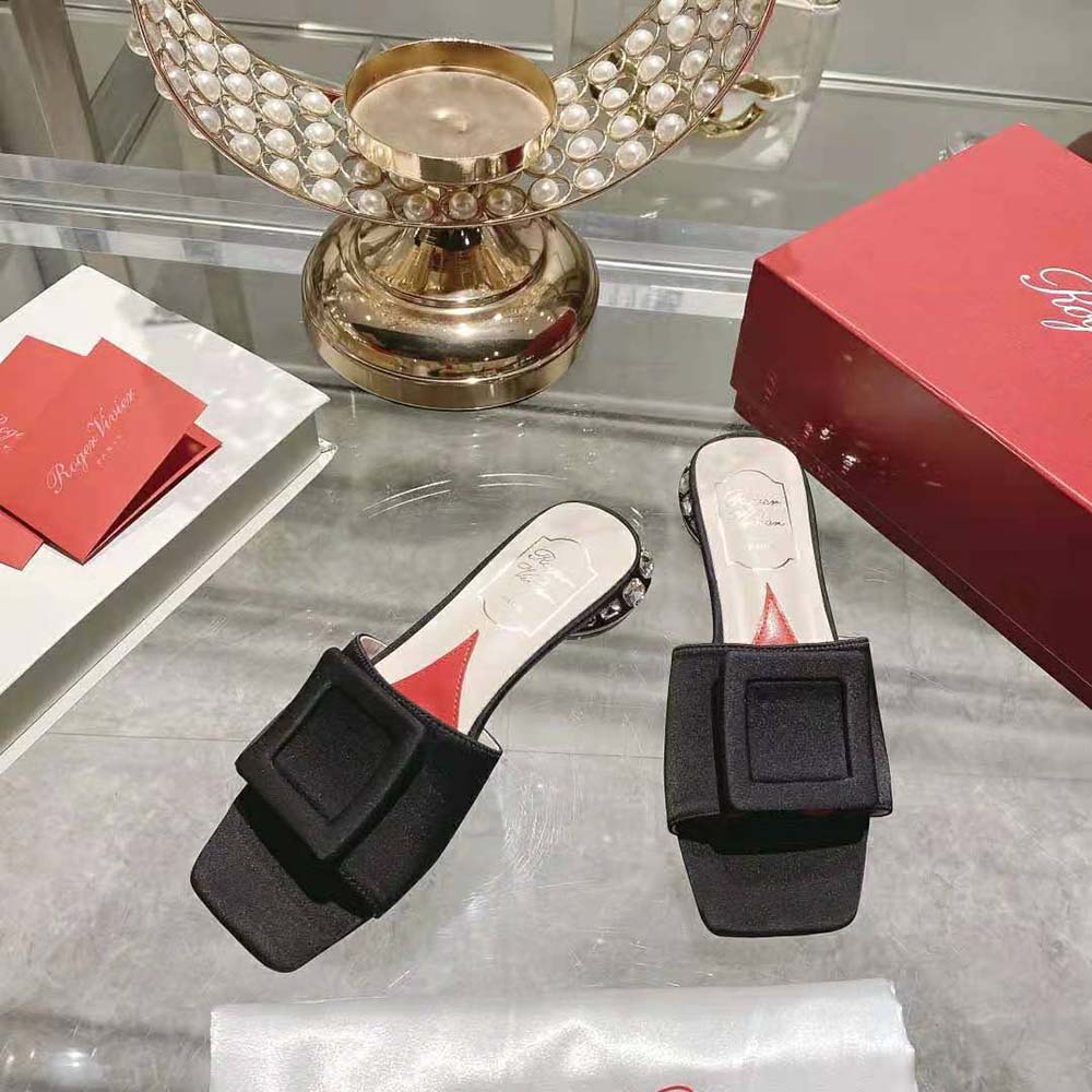Rear view highlighting heel and satin finish of Roger Vivier mules