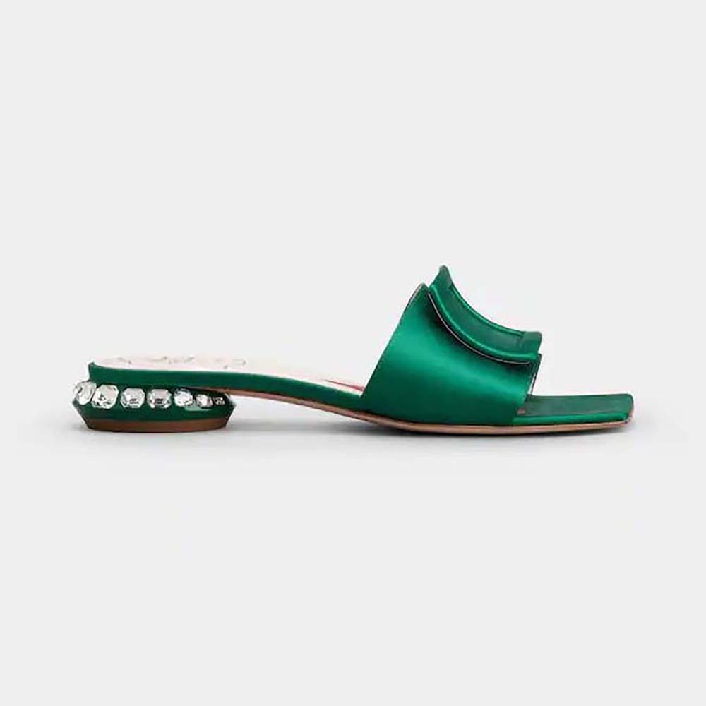 Side view of Roger Vivier Women Strass Heel Covered Buckle Mules in Satin-Green