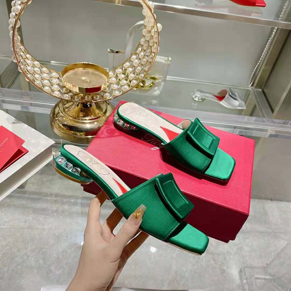 Roger Vivier Women Strass Heel Covered Buckle Mules in Satin-Green - image 6
