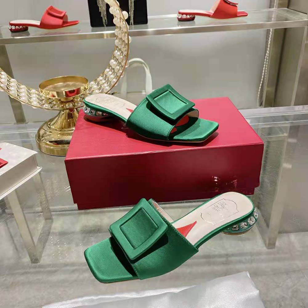 Roger Vivier Women Strass Heel Covered Buckle Mules in Satin-Green - image 5