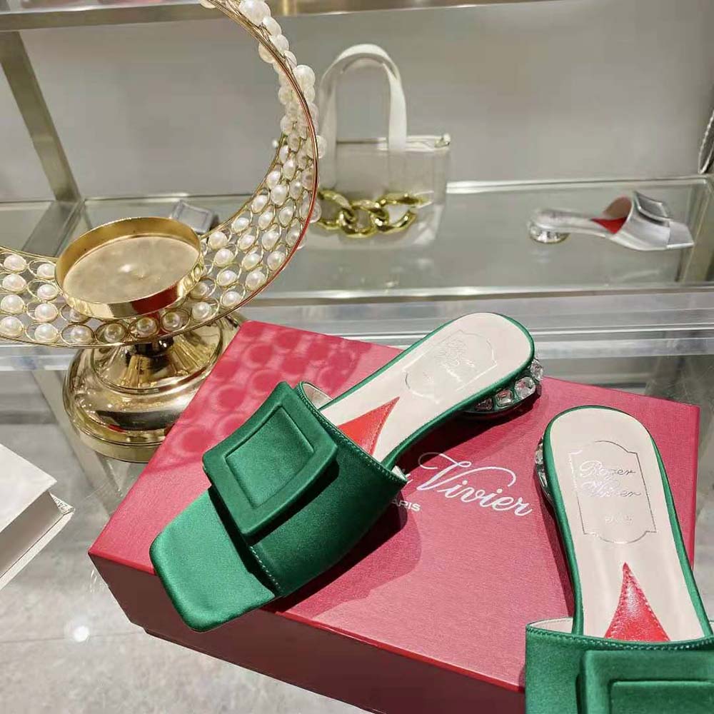 Roger Vivier Women Strass Heel Covered Buckle Mules in Satin-Green - image 7