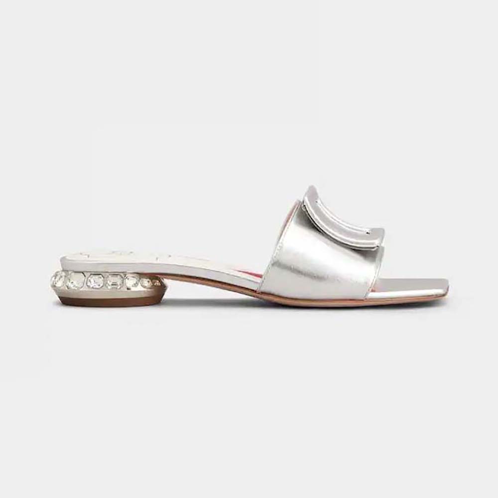 Side angle of Roger Vivier Women Strass Heel Covered Buckle Mules in Satin-Silver