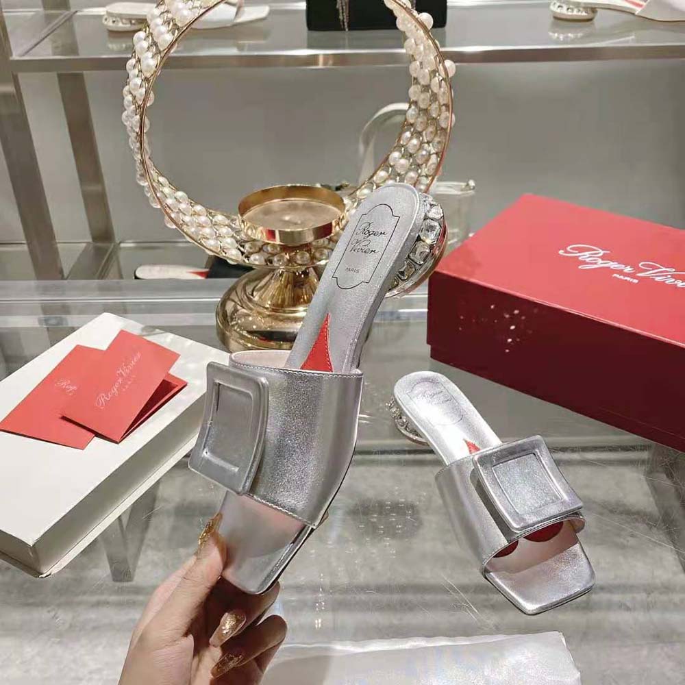 Roger Vivier Women Strass Heel Covered Buckle Mules in Satin-Silver - image 7