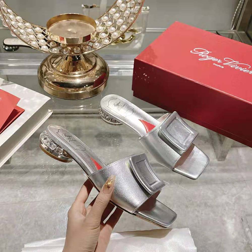 Roger Vivier Women Strass Heel Covered Buckle Mules in Satin-Silver - image 6