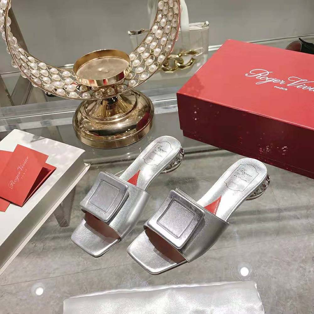 Roger Vivier Women Strass Heel Covered Buckle Mules in Satin-Silver - image 4
