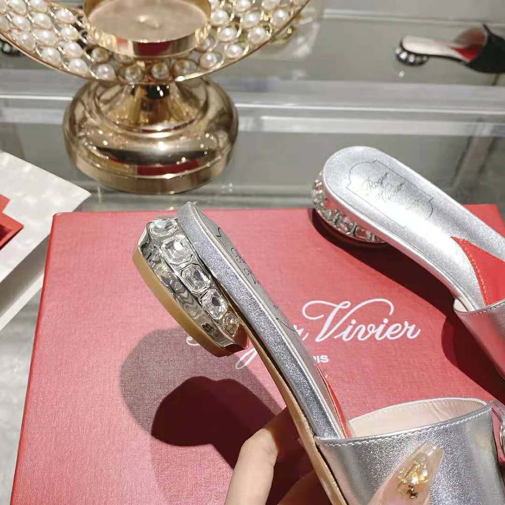 Roger Vivier Women Strass Heel Covered Buckle Mules in Satin-Silver - image 10