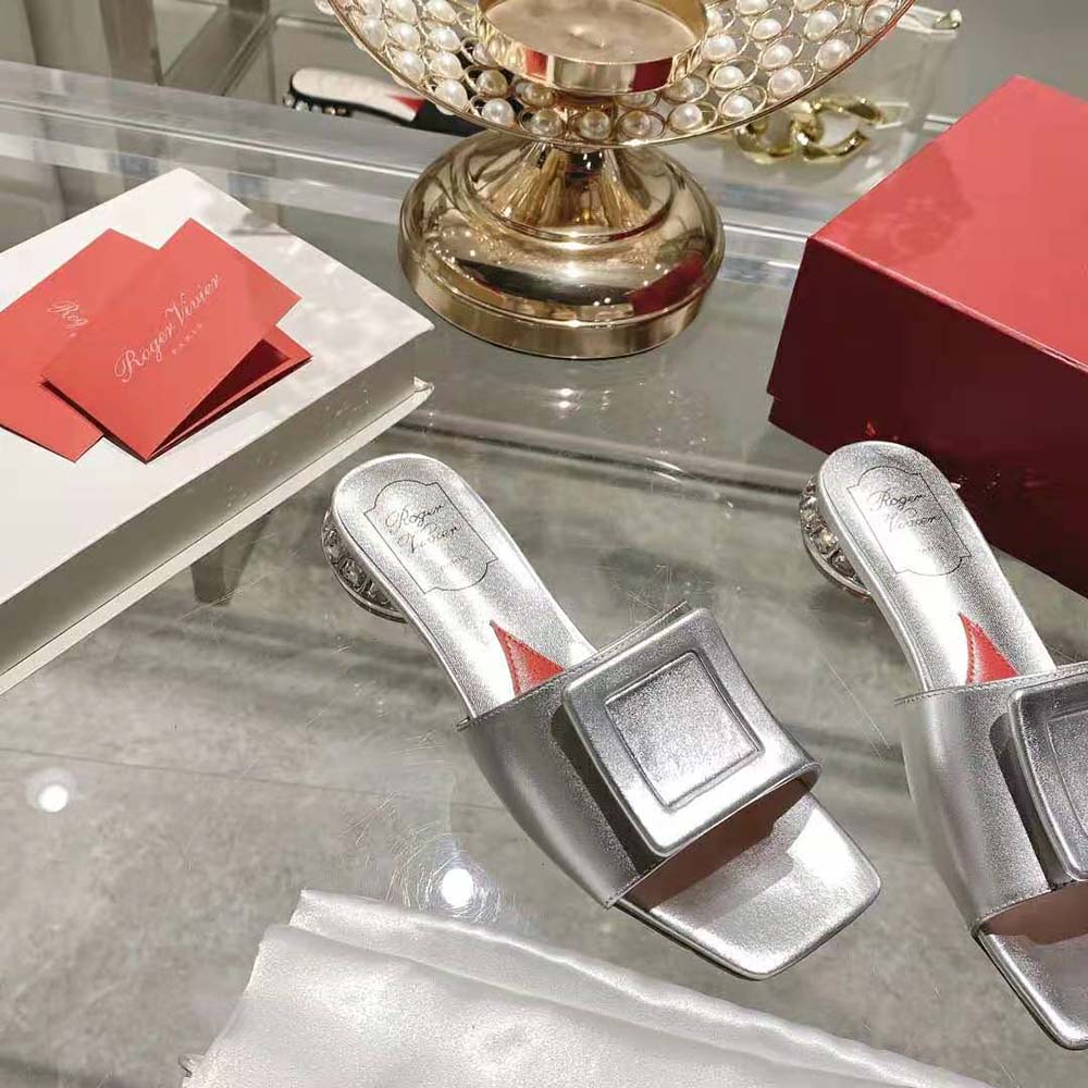 Roger Vivier Women Strass Heel Covered Buckle Mules in Satin-Silver - image 5