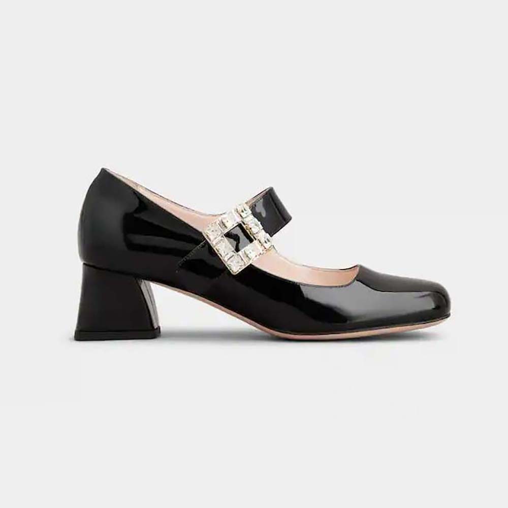 Side profile of Roger Vivier Women Très Vivier Rhinestone Buckle Babies Pumps-Black