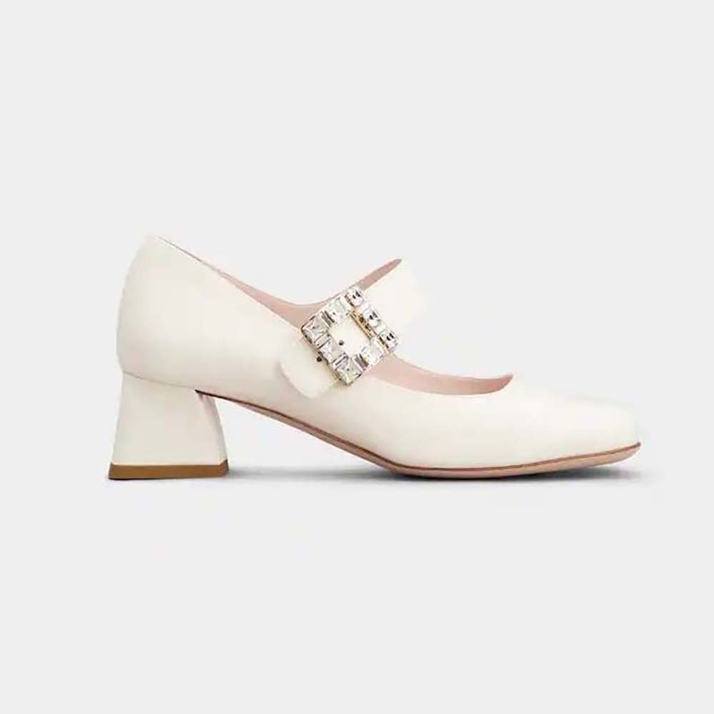Side view of Roger Vivier Women Très Vivier Rhinestone Buckle Babies Pumps-White