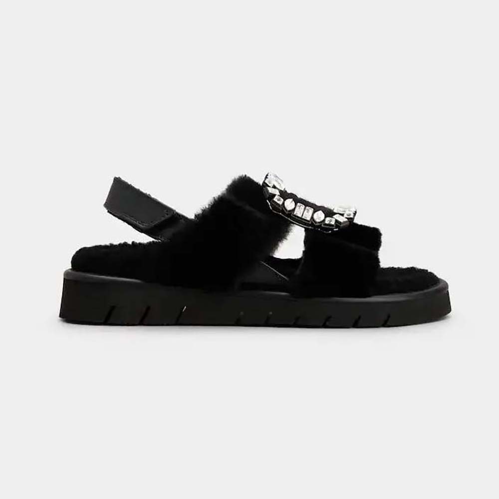 Front angle of Roger Vivier Women Viv’ Winter Fur Strass Buckle Sandals in Sheepskin-Black
