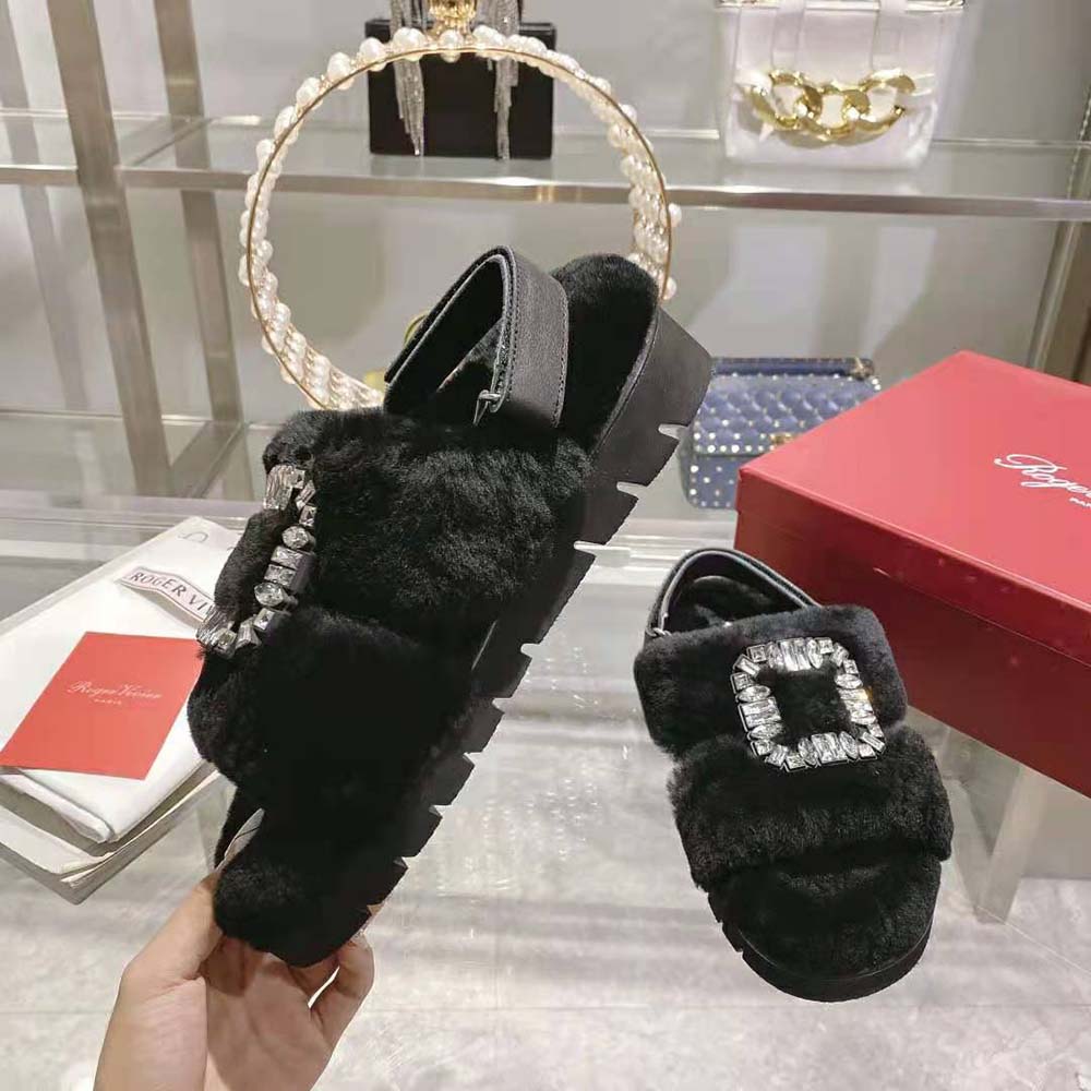 Roger Vivier Women Viv’ Winter Fur Strass Buckle Sandals in Sheepskin-Black - image 7