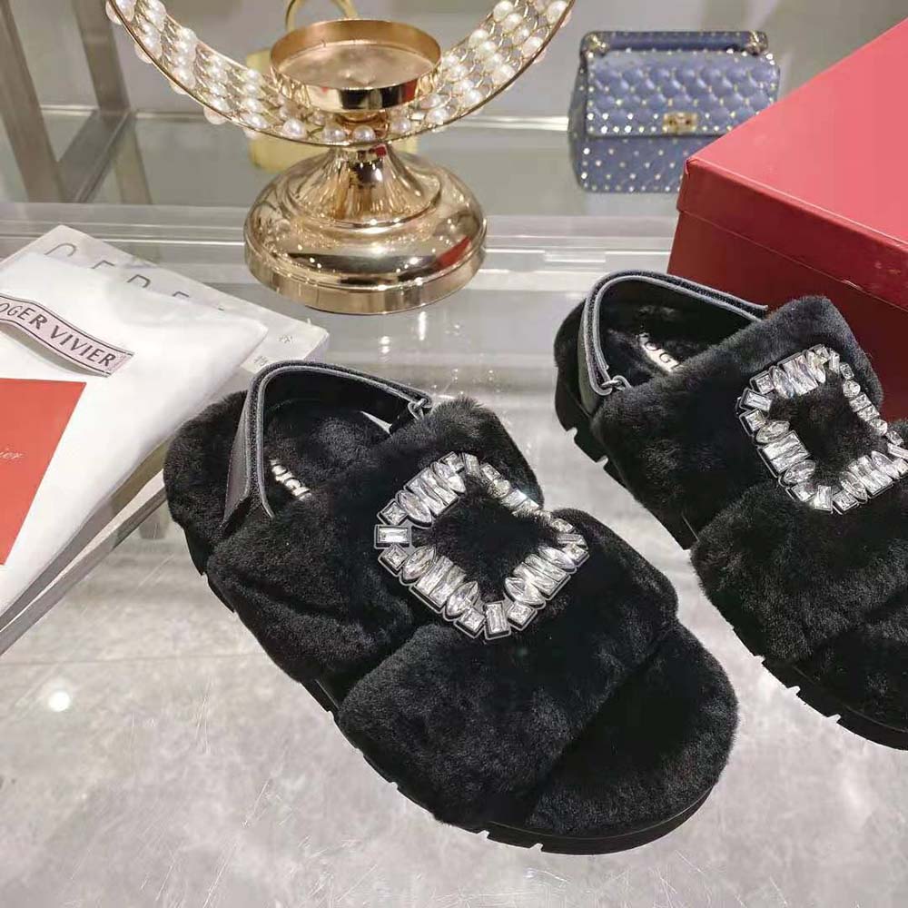 Roger Vivier Women Viv’ Winter Fur Strass Buckle Sandals in Sheepskin-Black - image 6