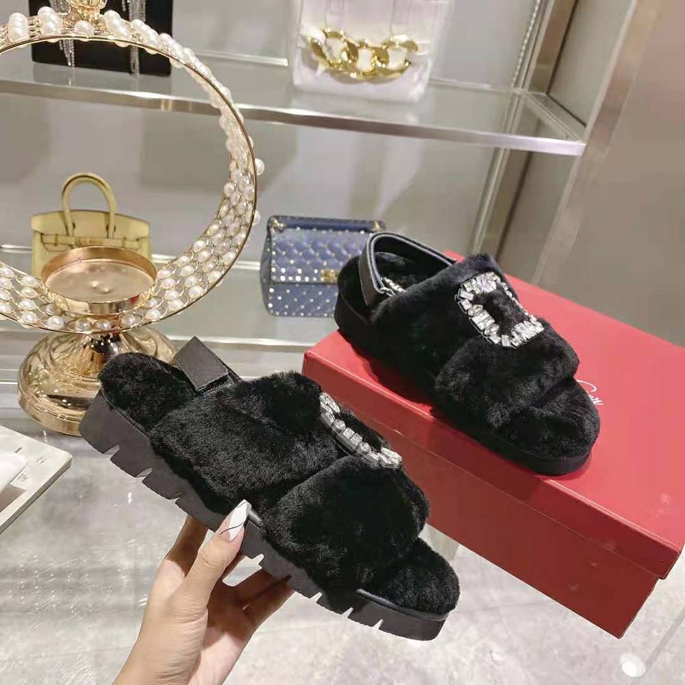 Roger Vivier Women Viv’ Winter Fur Strass Buckle Sandals in Sheepskin-Black - image 5