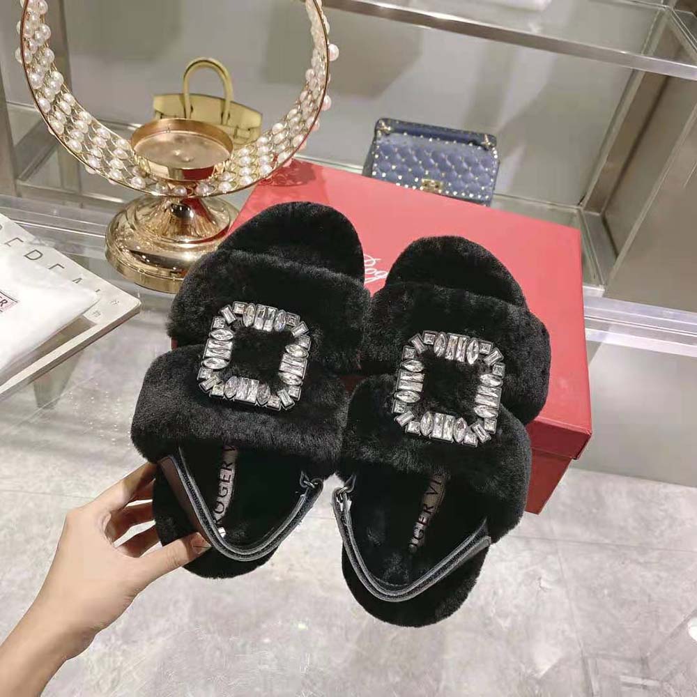 Roger Vivier Women Viv’ Winter Fur Strass Buckle Sandals in Sheepskin-Black - image 4