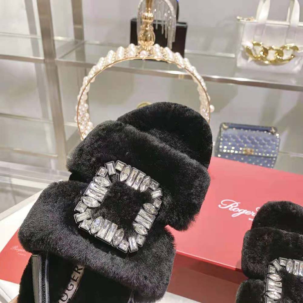 Roger Vivier Women Viv’ Winter Fur Strass Buckle Sandals in Sheepskin-Black - image 8