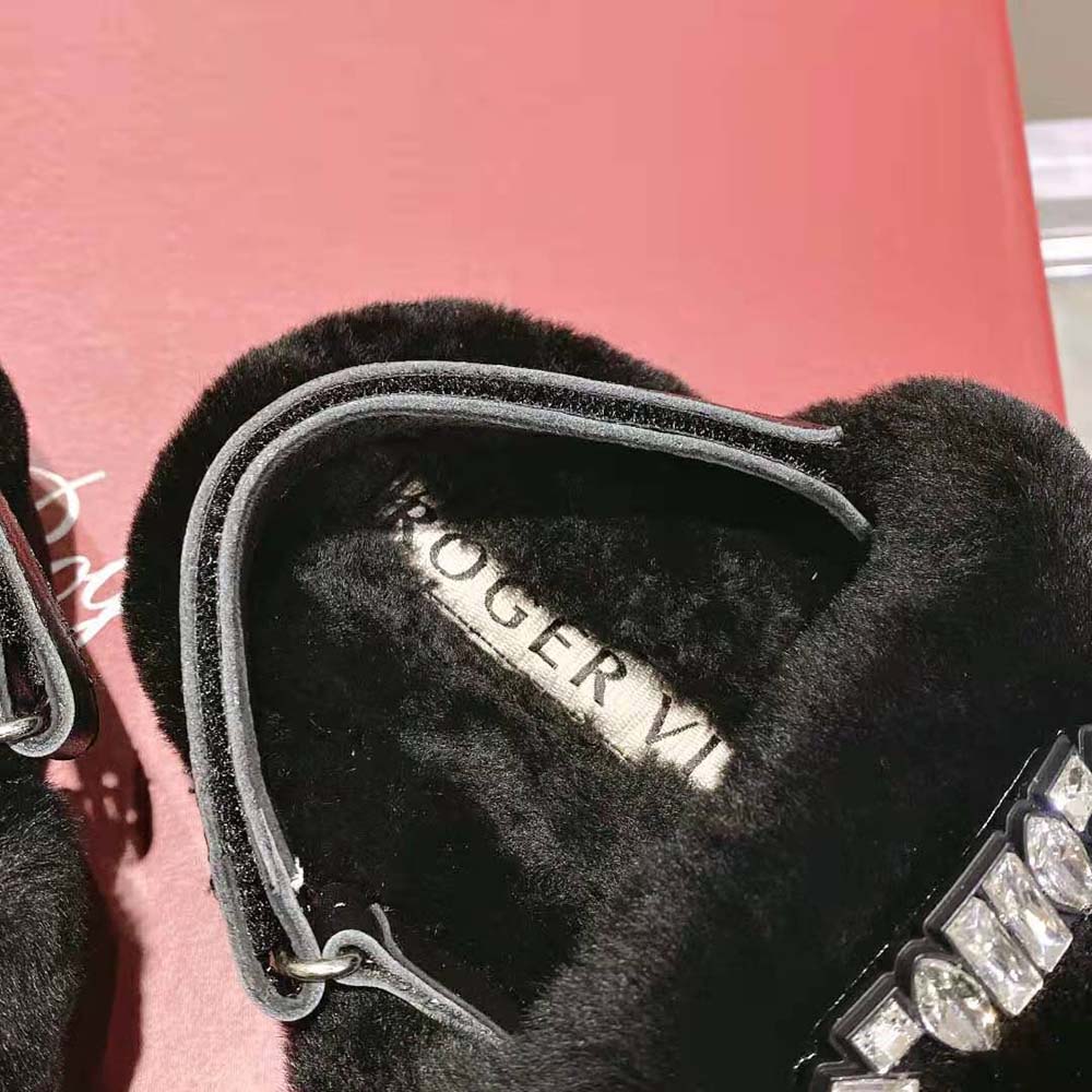 Roger Vivier Women Viv’ Winter Fur Strass Buckle Sandals in Sheepskin-Black - image 9