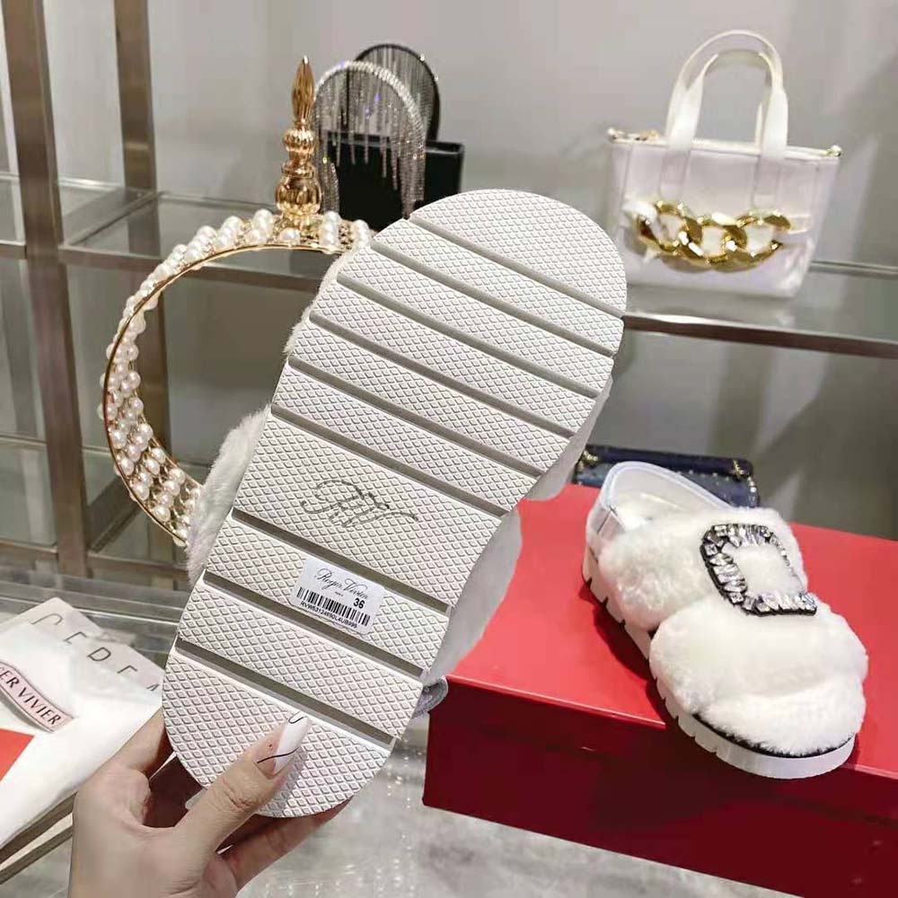 Roger Vivier Women Viv’ Winter Fur Strass Buckle Sandals in Sheepskin-White - image 10