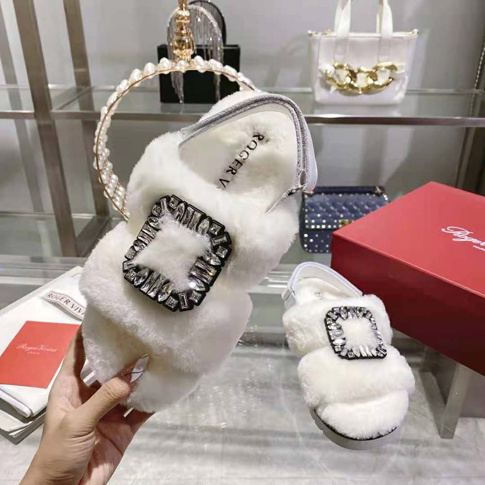 Roger Vivier Women Viv’ Winter Fur Strass Buckle Sandals in Sheepskin-White - image 6
