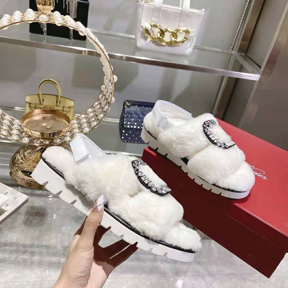 Roger Vivier Women Viv’ Winter Fur Strass Buckle Sandals in Sheepskin-White - image 7
