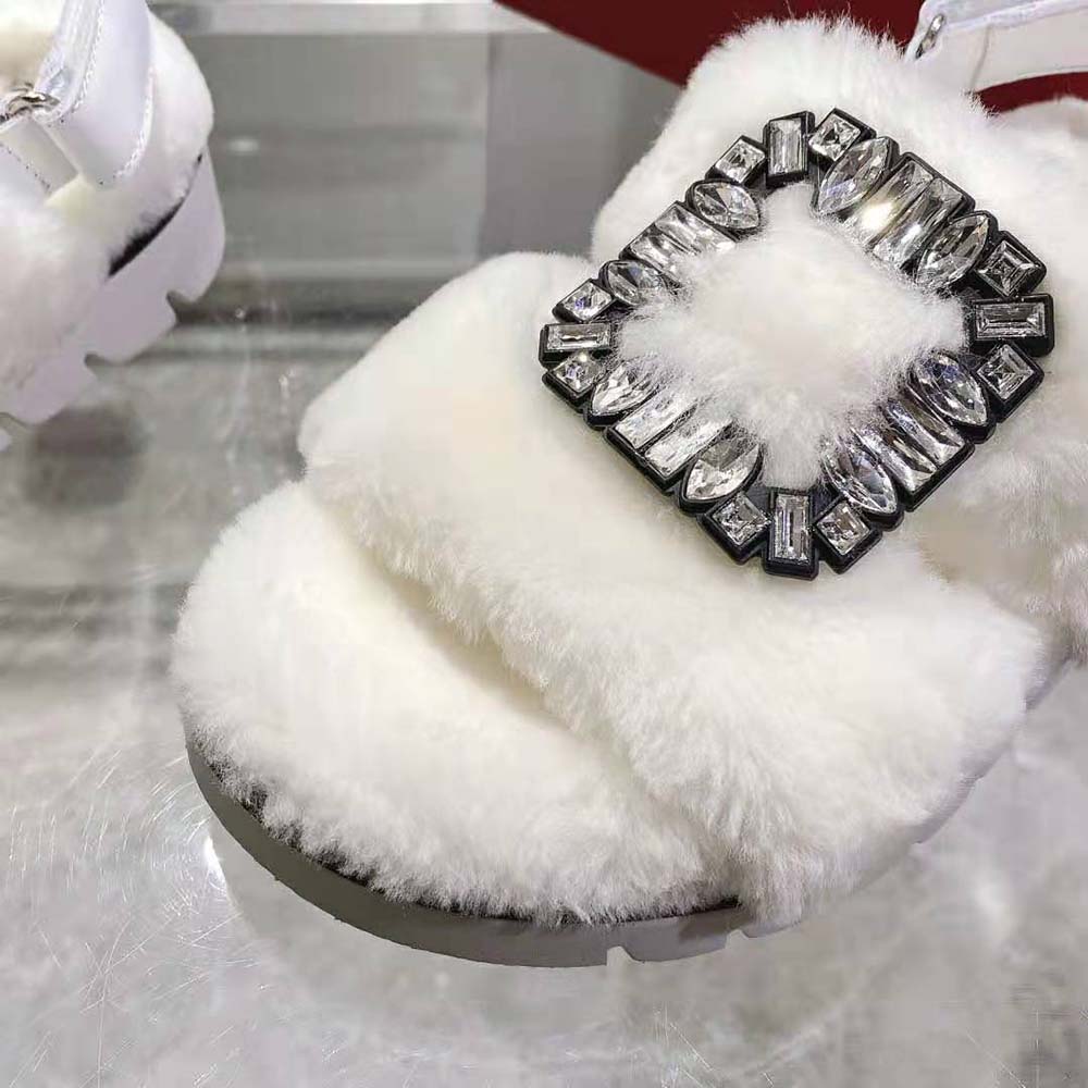 Roger Vivier Women Viv’ Winter Fur Strass Buckle Sandals in Sheepskin-White - image 8