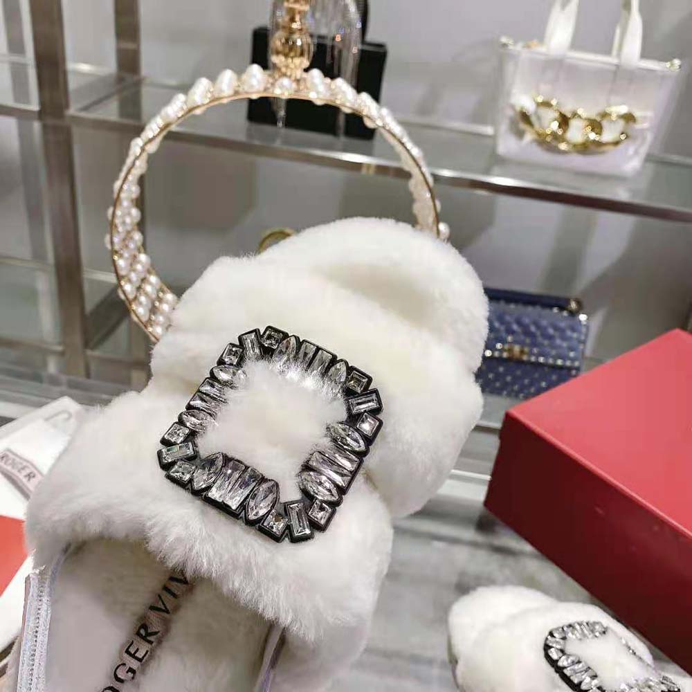 Roger Vivier Women Viv’ Winter Fur Strass Buckle Sandals in Sheepskin-White - image 9