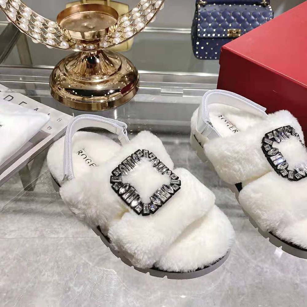 Roger Vivier Women Viv’ Winter Fur Strass Buckle Sandals in Sheepskin-White - image 5