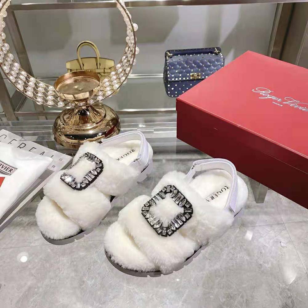 Roger Vivier Women Viv’ Winter Fur Strass Buckle Sandals in Sheepskin-White - image 4