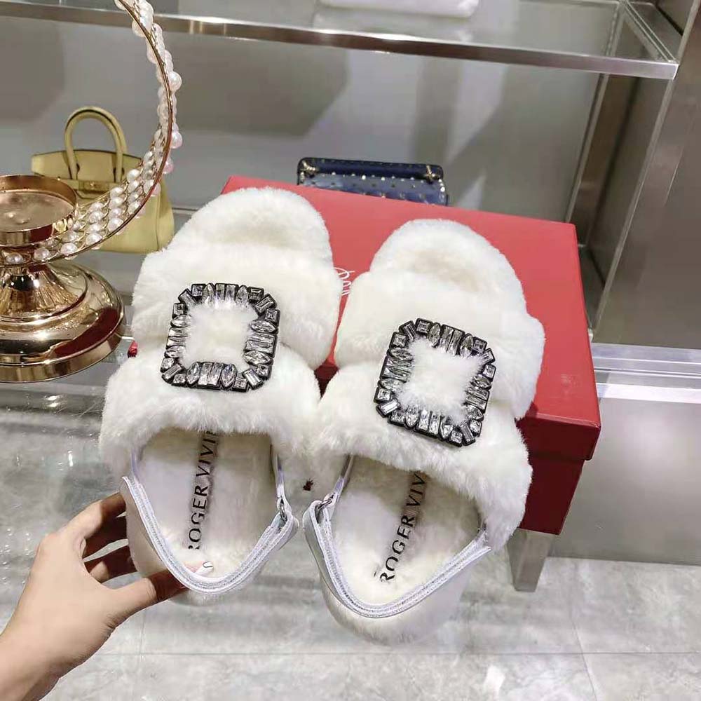 Top angle showing white sheepskin lining of Roger Vivier Winter Fur Sandals