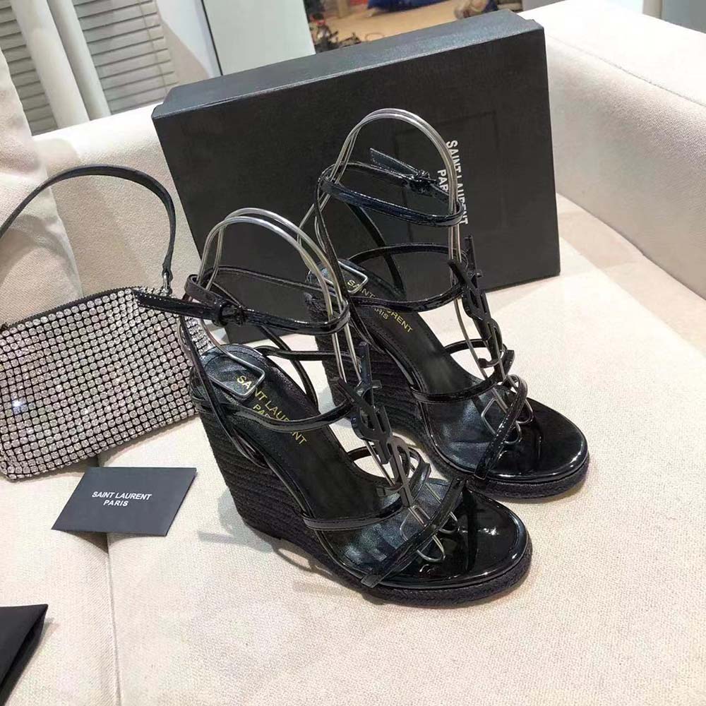 Top-down angle showing leather upper and jute wedge on Saint Laurent espadrilles