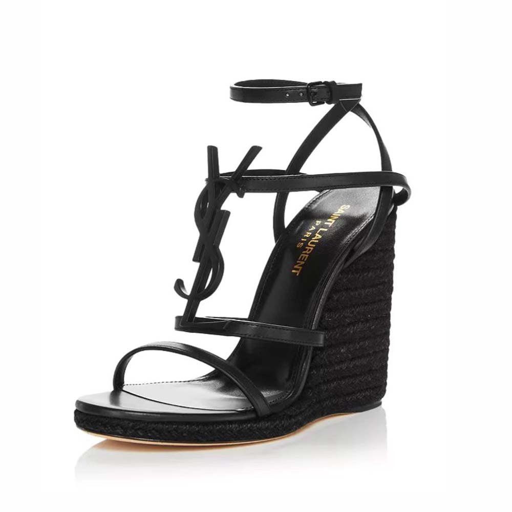 Side view of Saint Laurent YSL Women Cassandra Wedge Espadrilles in Leather black
