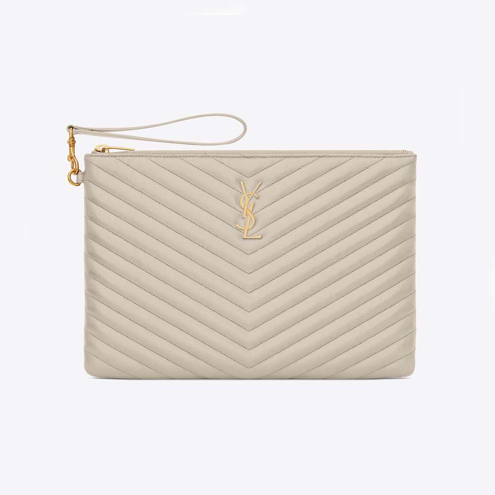 Front view of Saint Laurent YSL Women Cassandre Matelassé Tablet Pouch beige leather