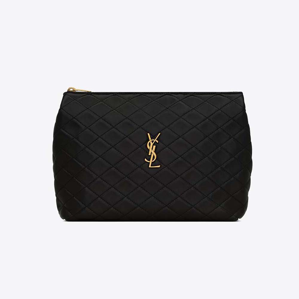 Front view of Saint Laurent YSL Women Gaby Cosmetic Pouch in black quilted leather