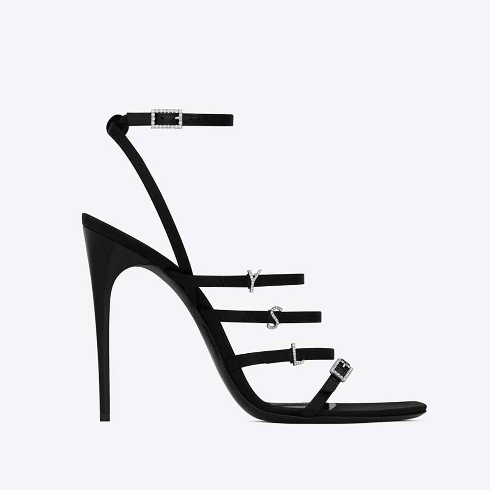 Side view of Saint Laurent YSL Women Jerry Sandals in black crepe satin