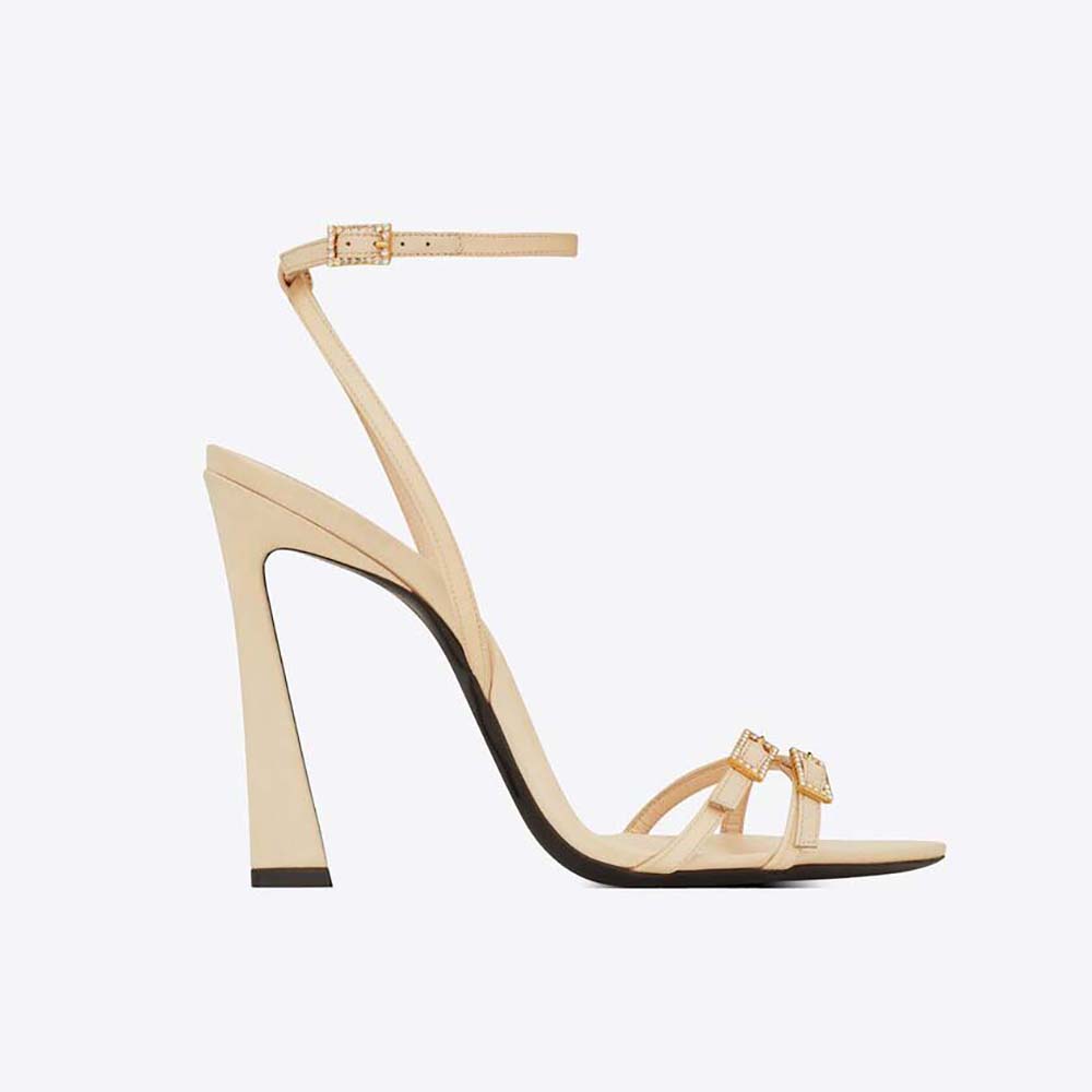 Front angle of Saint Laurent YSL Women Lila Sandals in beige crepe satin