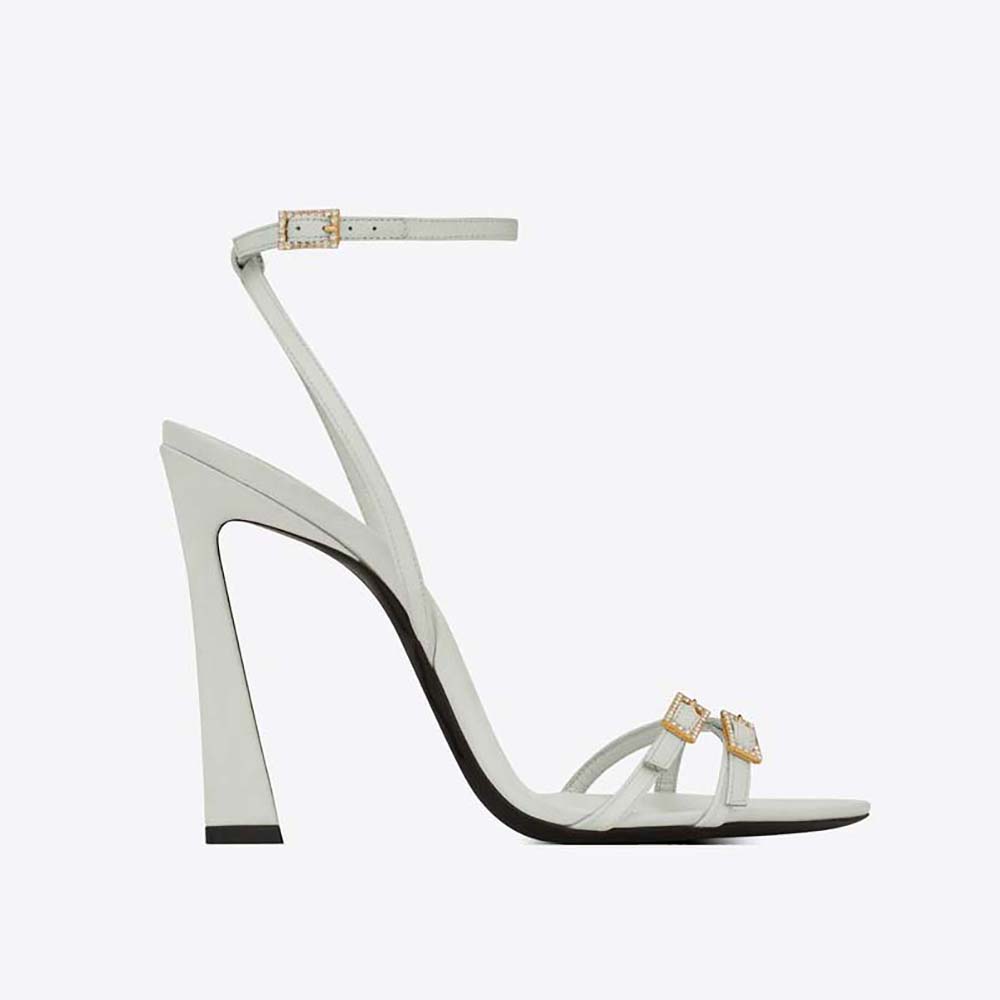 Front view of Saint Laurent YSL Women Lila Sandals in Crepe Satin-White