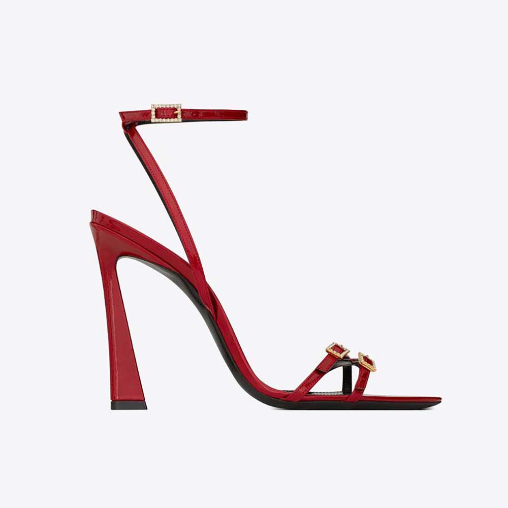 Side profile of Saint Laurent YSL Women Lila Sandals in Patent Leather-Red
