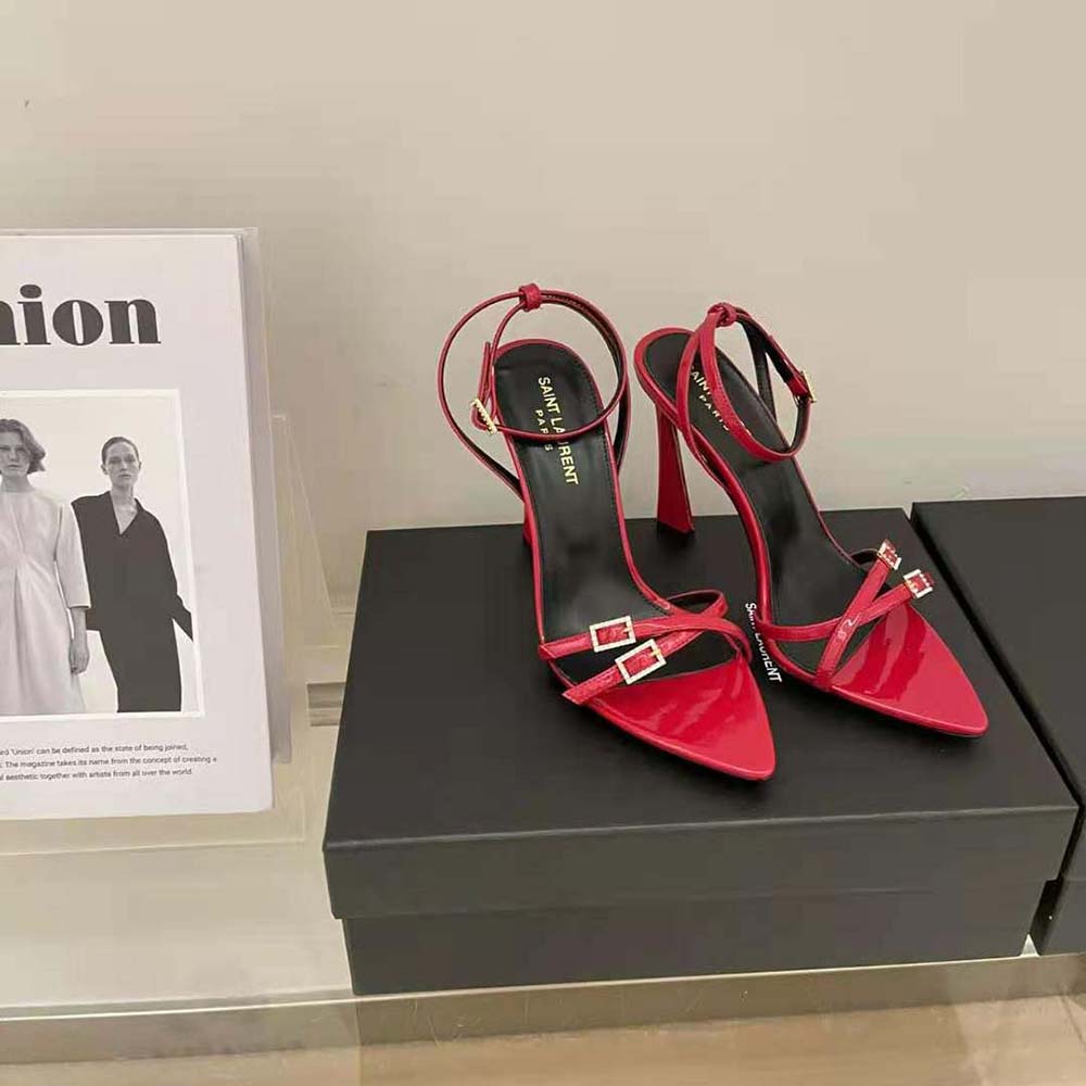 Rear view showcasing high stiletto heel on Saint Laurent YSL Women Lila Sandals