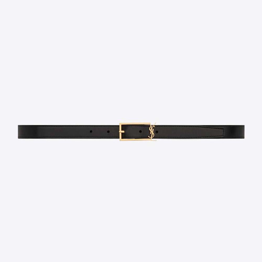 Front view of Saint Laurent YSL Women New Cassandre Buckle Belt in Smooth Leather