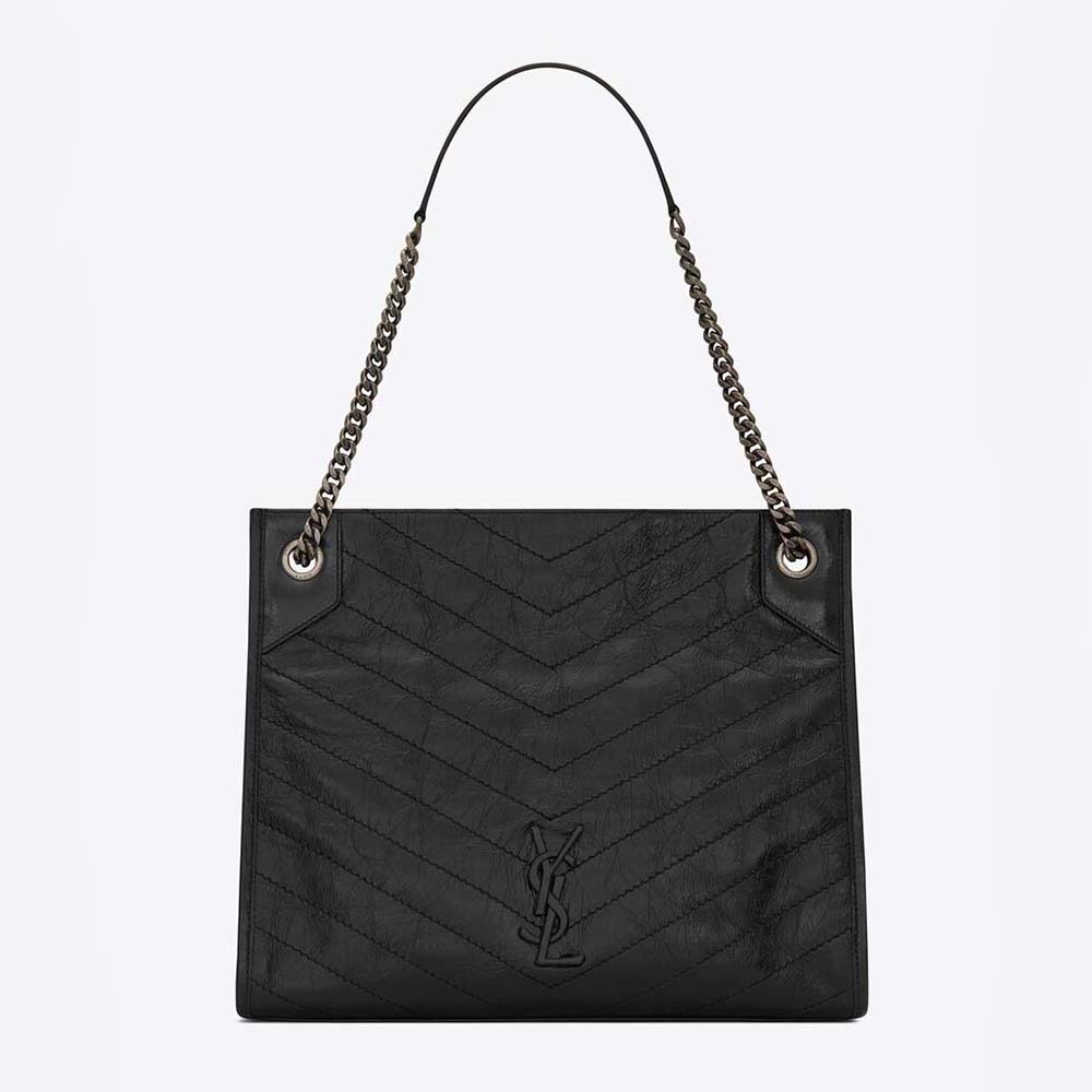 Saint Laurent YSL Women Niki Medium Shopping Bag in Crinkled Vintage Leather-Bla