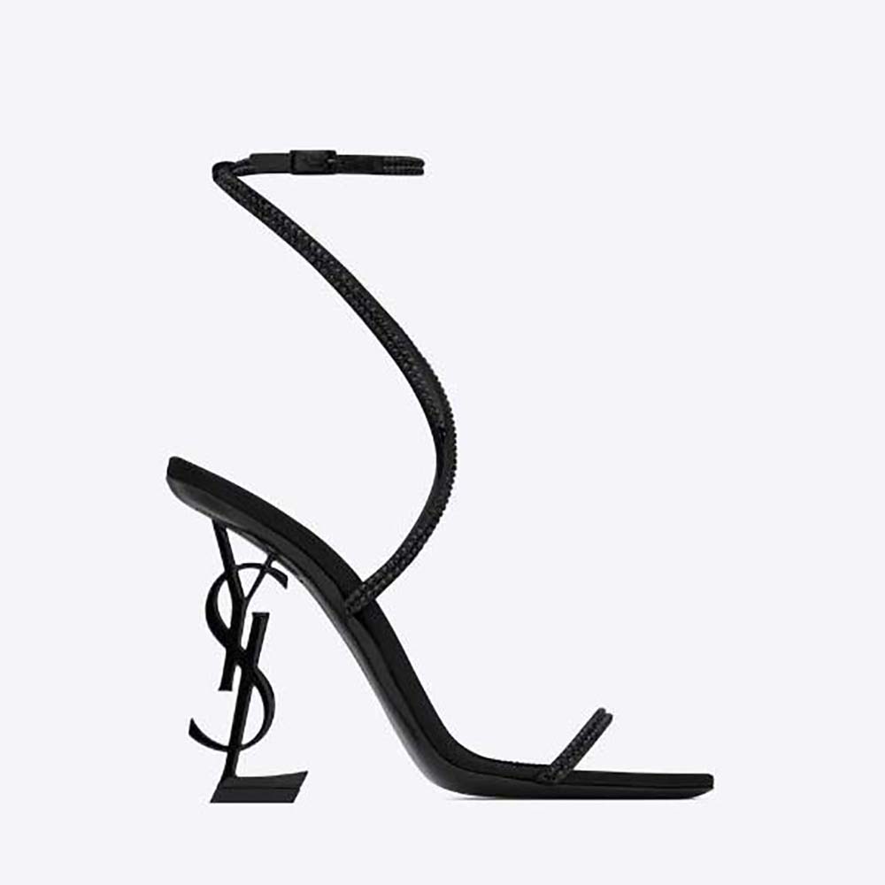 Front angle of Saint Laurent YSL Women Opyum Sandals in crepe satin