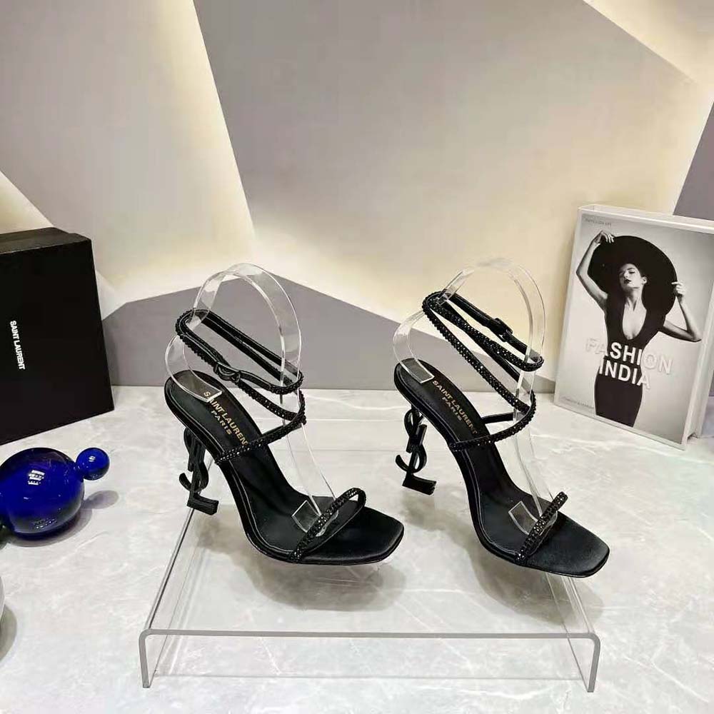 Side profile showing stiletto heel of Saint Laurent YSL Opyum Sandals
