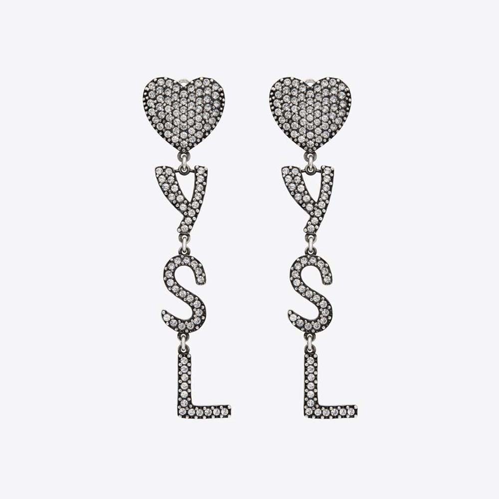 Front view of Saint Laurent YSL Women Opyum YSL Heart Earrings in black metal