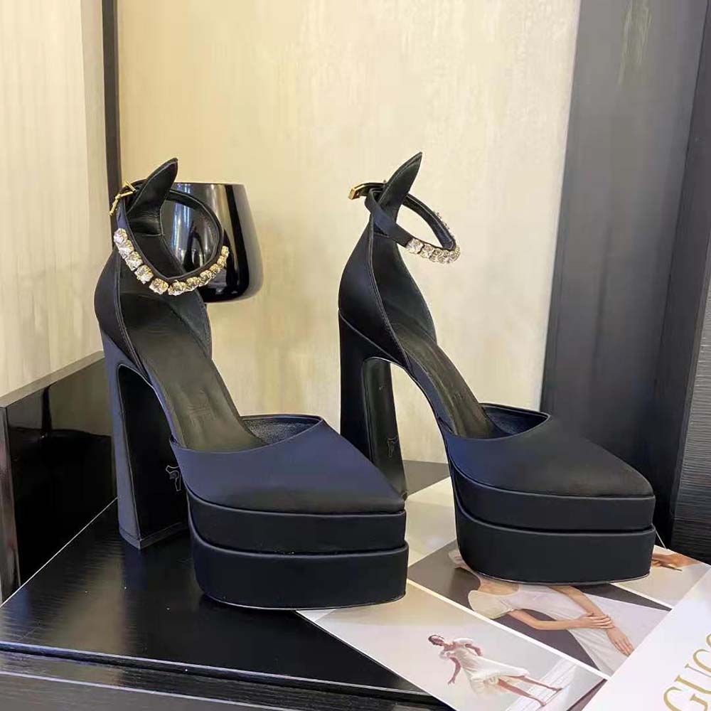 Top view of black leather Versace Women Aevitas Pointy Platform Pumps