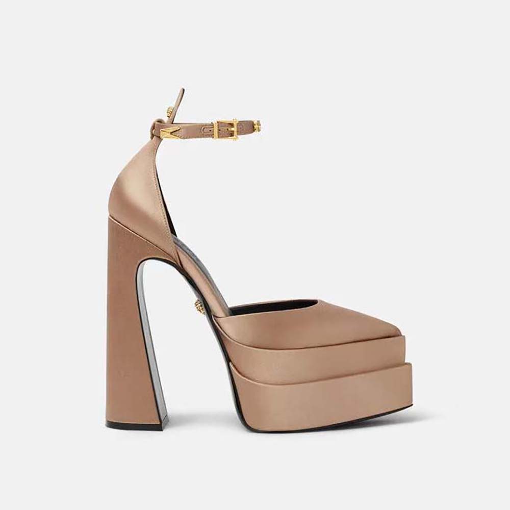 Side view of Versace Women Aevitas Pointy Platform Pumps beige leather