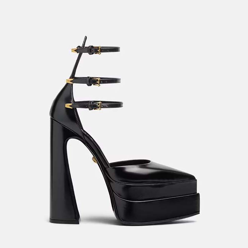 Side view of Versace Women Aevitas Pointy Platform Pumps in 16cm Heel Height-Black